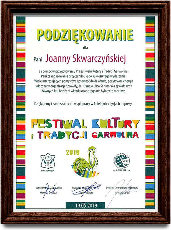 Podziękowanie za pomoc w przygotowaniu VI Festiwalu Kultury i Tradycji Garwolina. 19-05-2019 r.