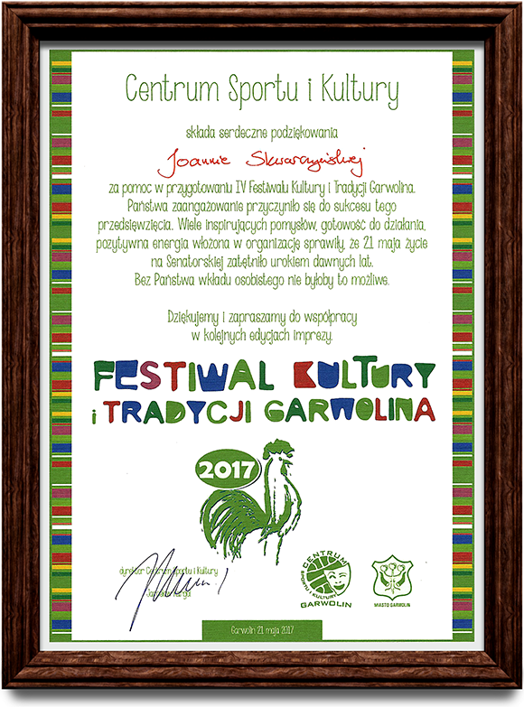 Podziękowanie za pomoc w przygotowaniu IV Festiwalu Kultury i Tradycji Garwolina. 21-05-2017 r.